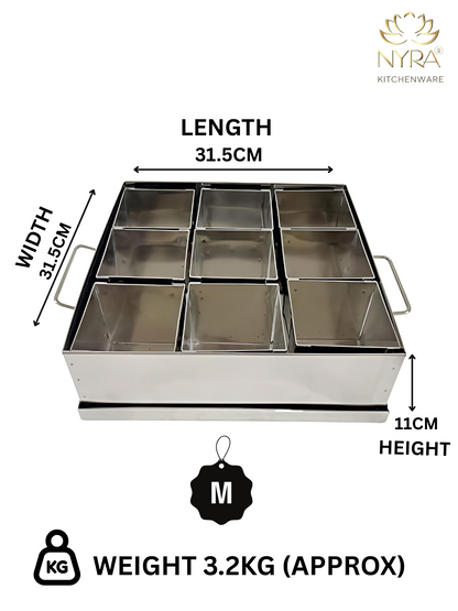 Stainless steel tray with dimensions and weight details on a white background, featuring the Nyra Kitchenware logo.
