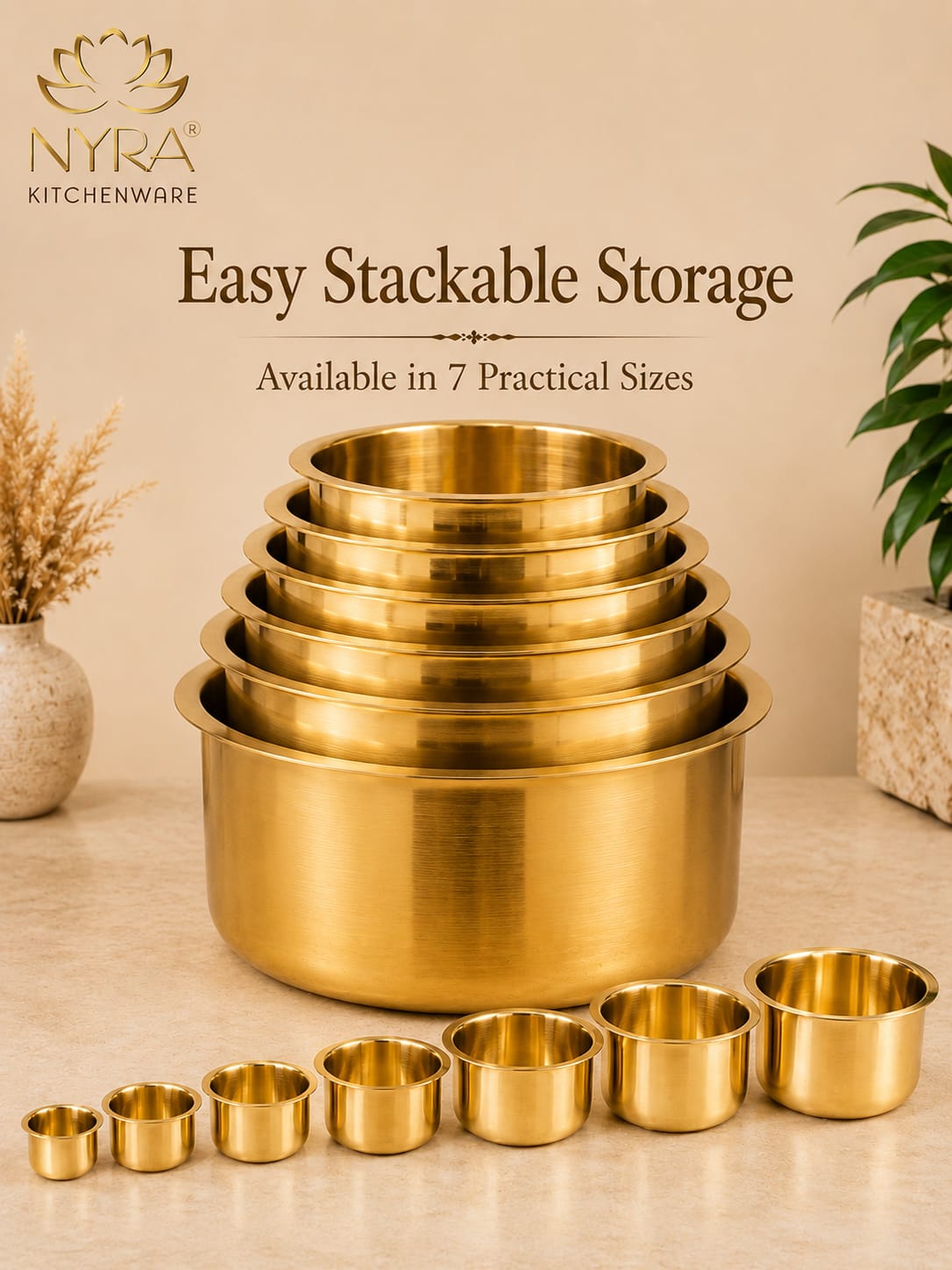 Set of gold storage bowls with Nyra Kitchenware branding on a beige background