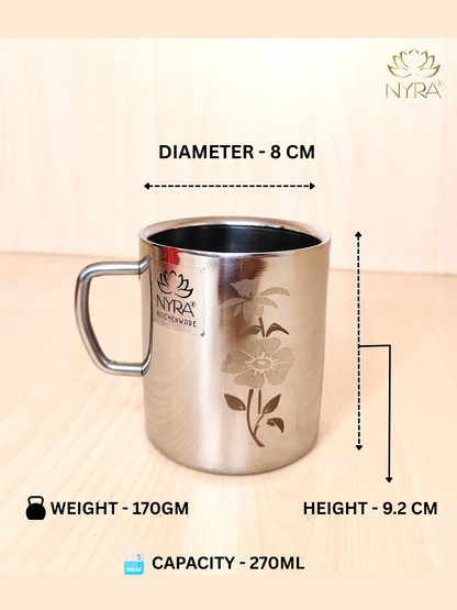 Stainless Steel Double-walled Mug Set | Floral Laser Printed Cup Set of 2 Pieces