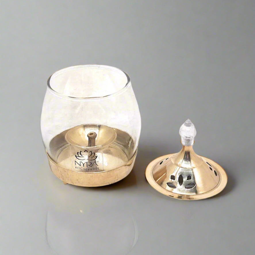 Brass Traditional Diya Stand with Clear Fiberglass Cover/Borosilicate Glass