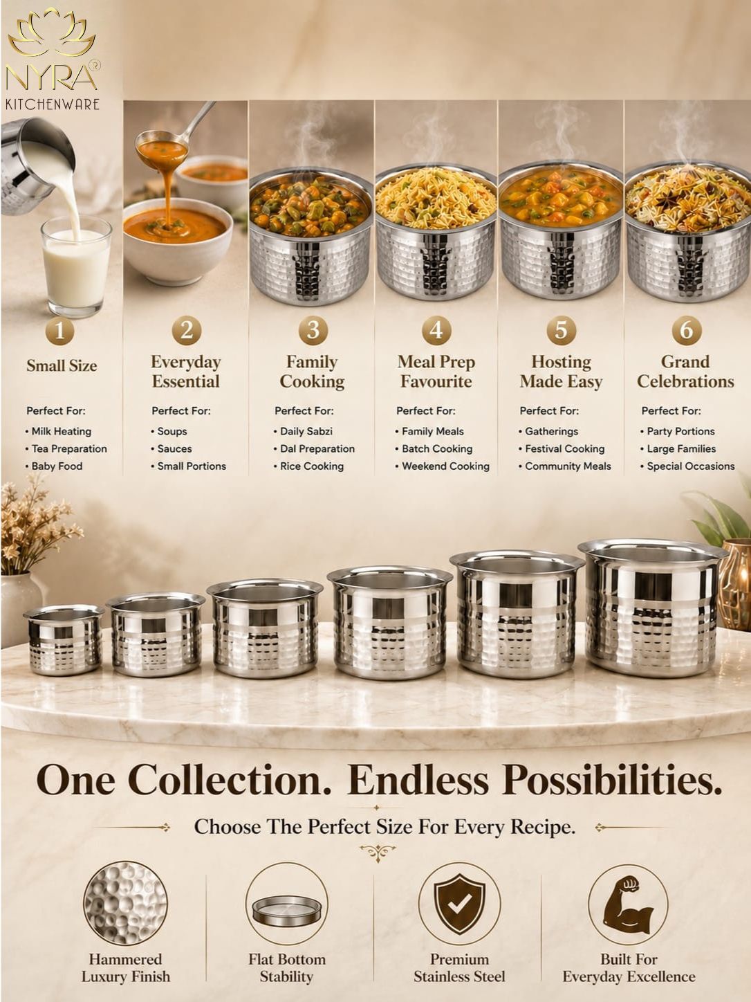 Premium Stainless Steel Hammered Deep Water Gunj - 6 Sizes