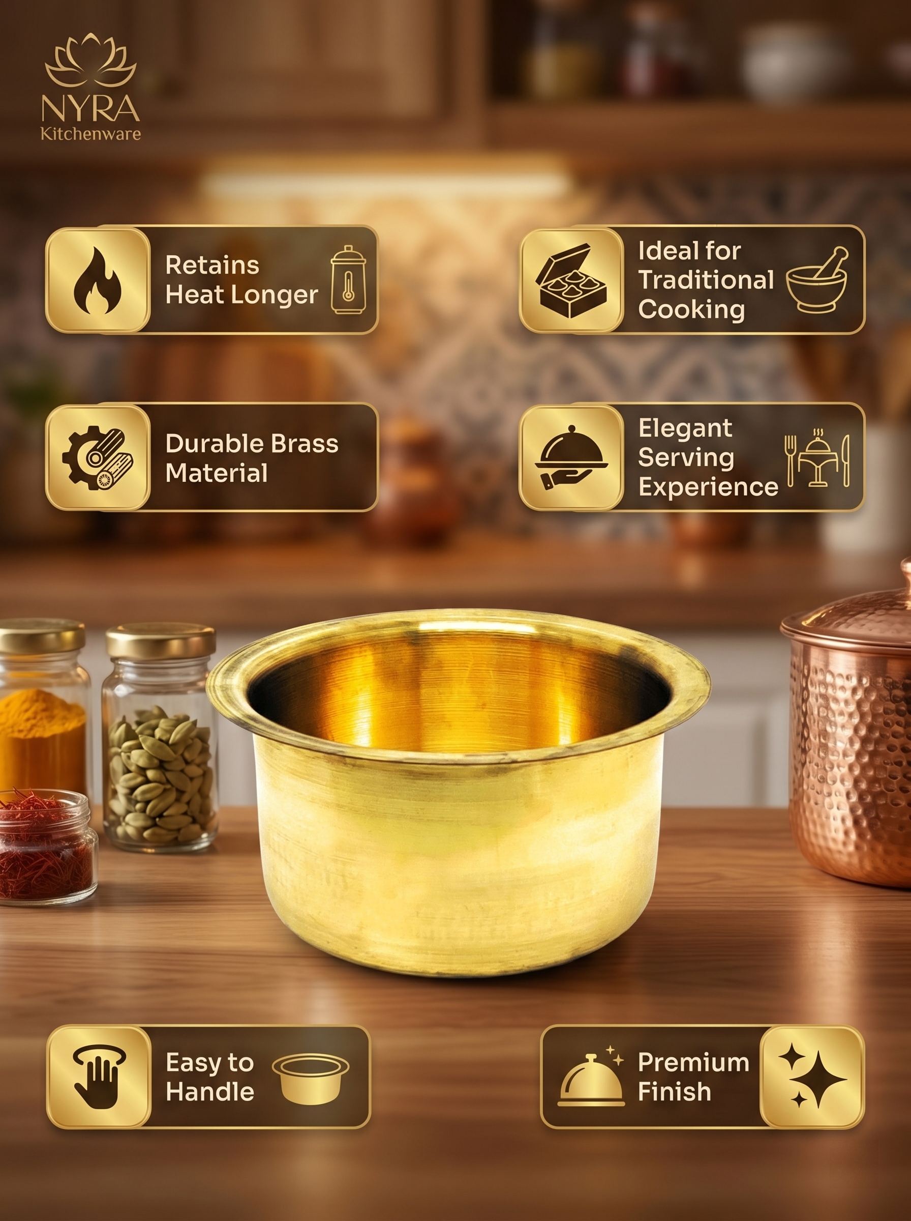 A polished brass serving bowl centered on a wooden table, surrounded by feature callout badges in gold and brown. The badges read: Retains Heat Longer, Ideal for Traditional Cooking, Durable Brass Material, Elegant Serving Experience, Easy to Handle, and Premium Finish.