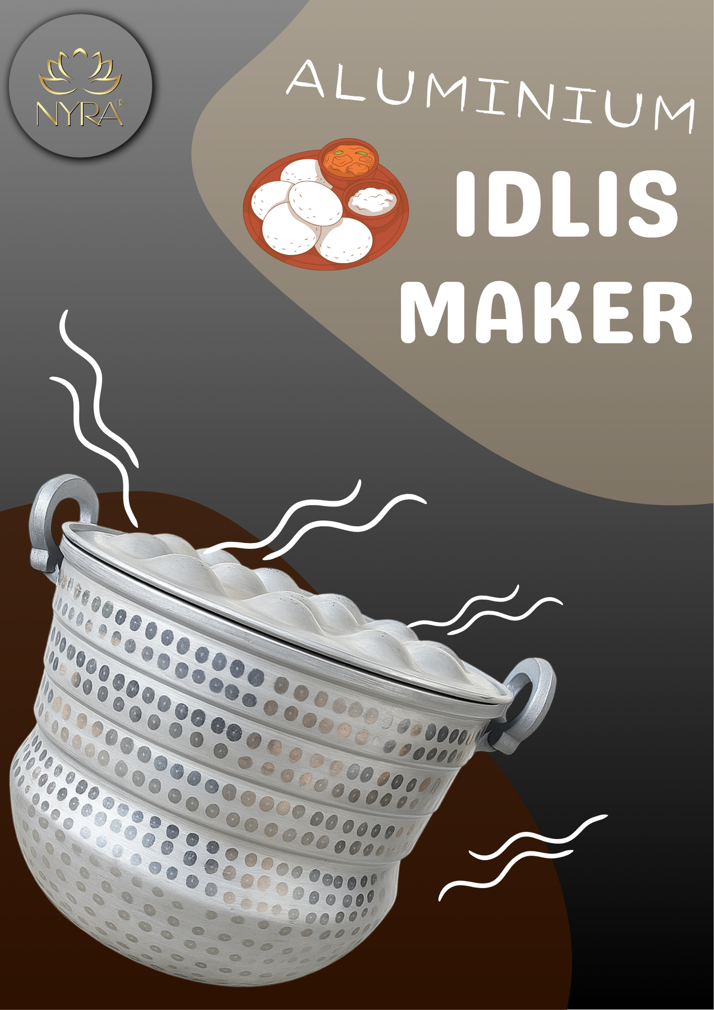 Aluminium idlis maker with steam rising, branded as Nyra on a dark background.