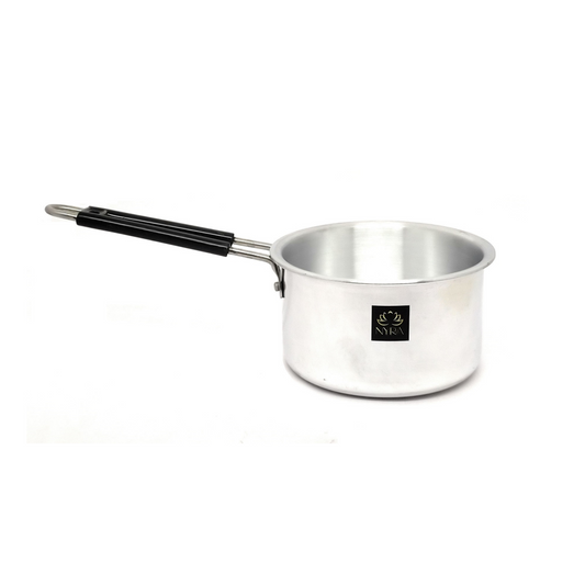 Aluminium saucepan with black handle on a white background