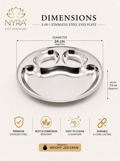 Stainless Steel Partition Plate | 3 in 1 Compartment Bhojan Thali |