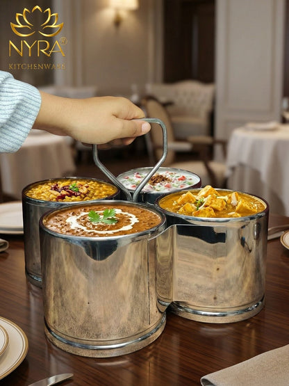 Stainless Steel Chougadha | Chaumukha Vegetable Holder with Handle – Premium 2, 3, 4 Container