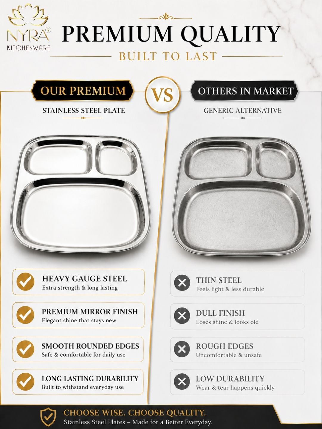 Stainless Steel Three Sectioned Plates | 3 in 1 Compartment Dinner Plate
