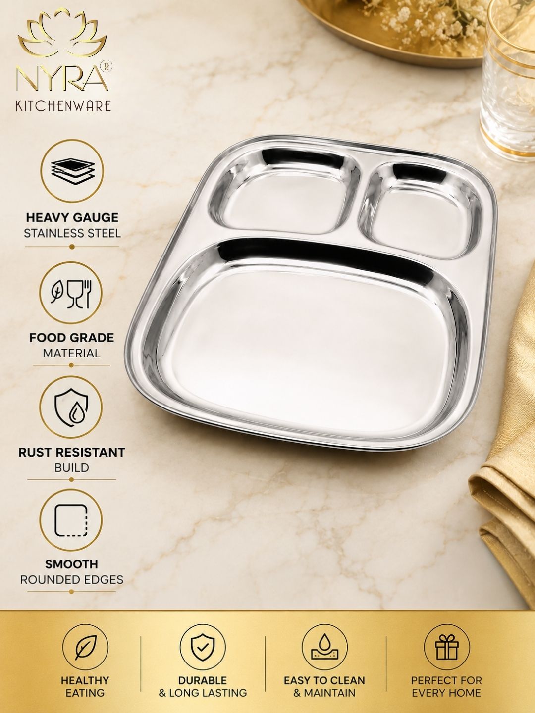 Stainless Steel Three Sectioned Plates | 3 in 1 Compartment Dinner Plate