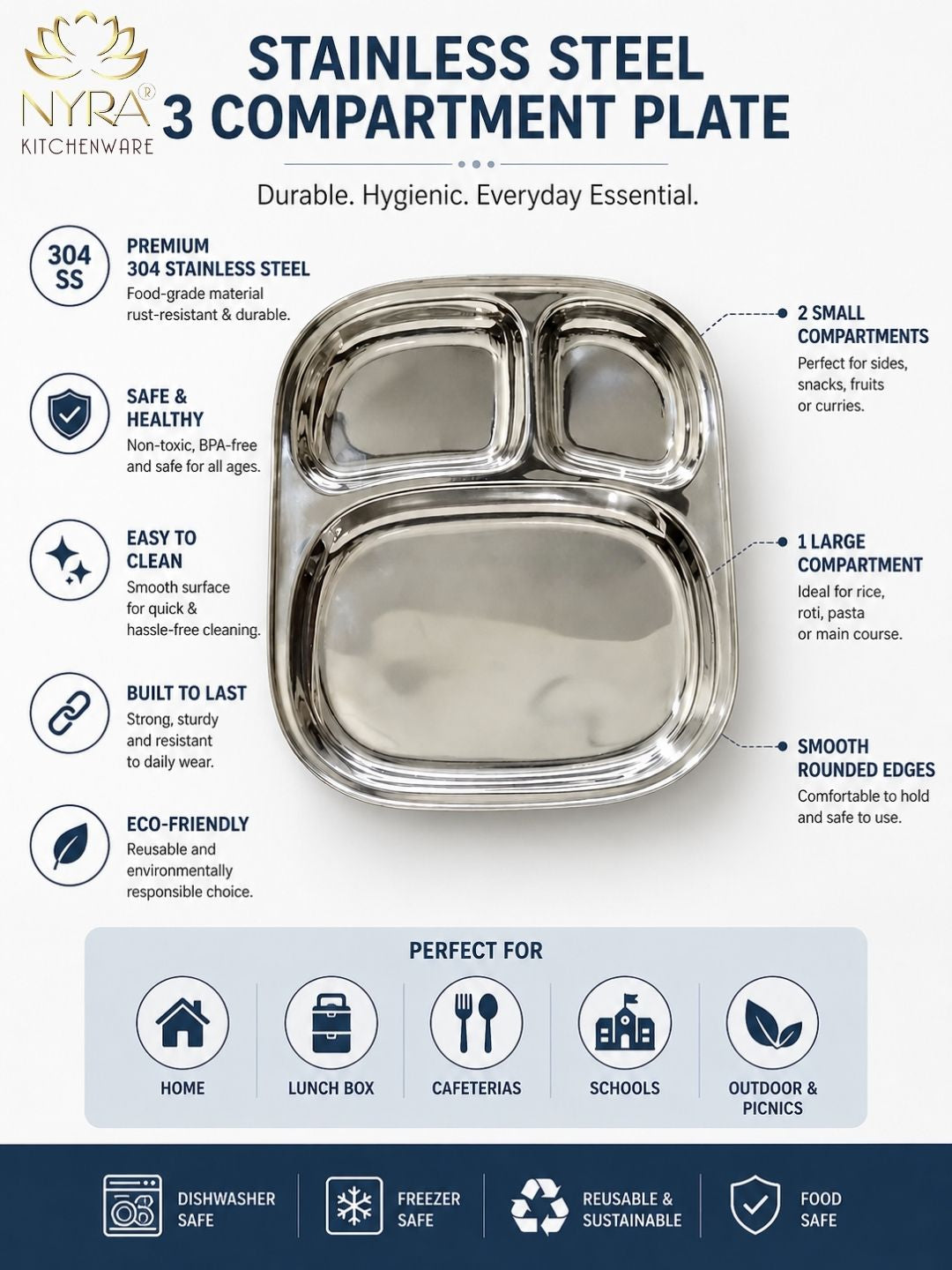 Stainless Steel Three Sectioned Plates | 3 in 1 Compartment Dinner Plate