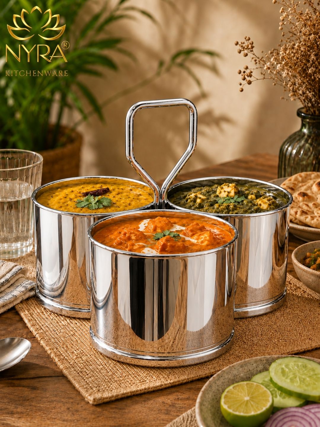 Stainless Steel Chougadha | Chaumukha Vegetable Holder with Handle – Premium 2, 3, 4 Container