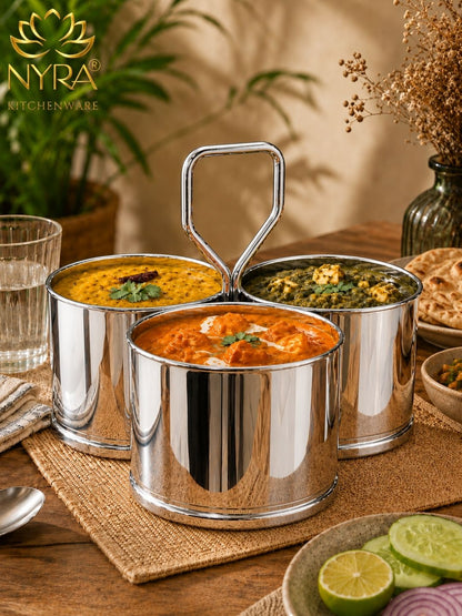 Stainless Steel Chougadha | Chaumukha Vegetable Holder with Handle – Premium 2, 3, 4 Container