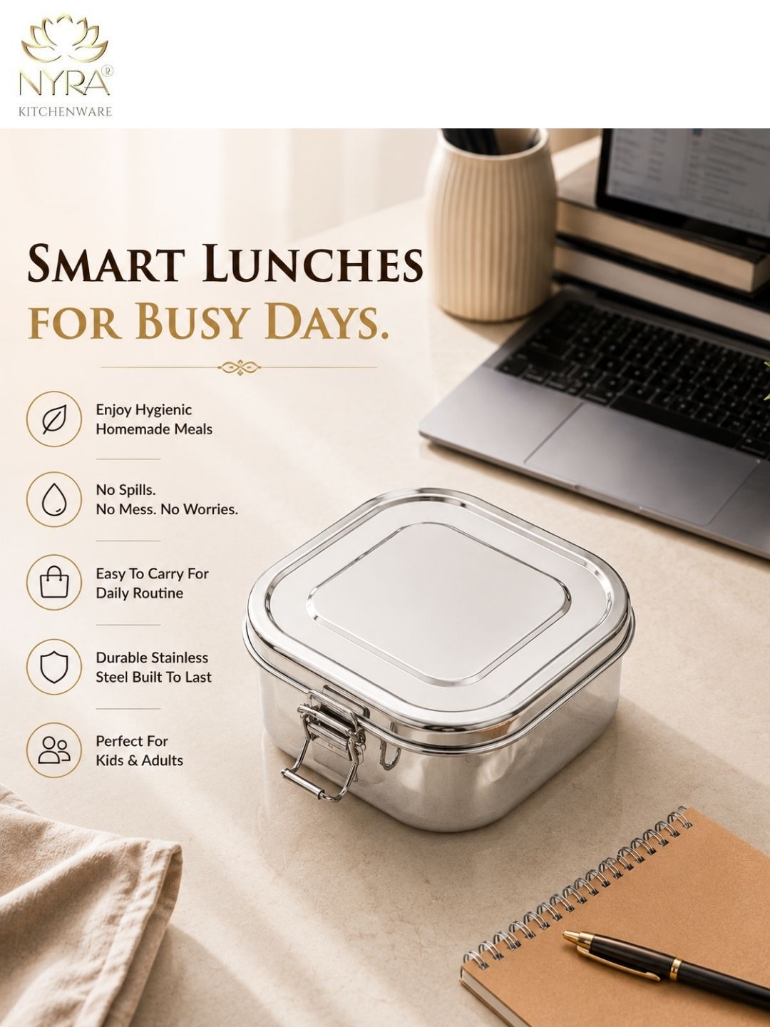 Stainless steel Double Decker tiffin box | Square Shaped with clip lid | Airtight Leakproof