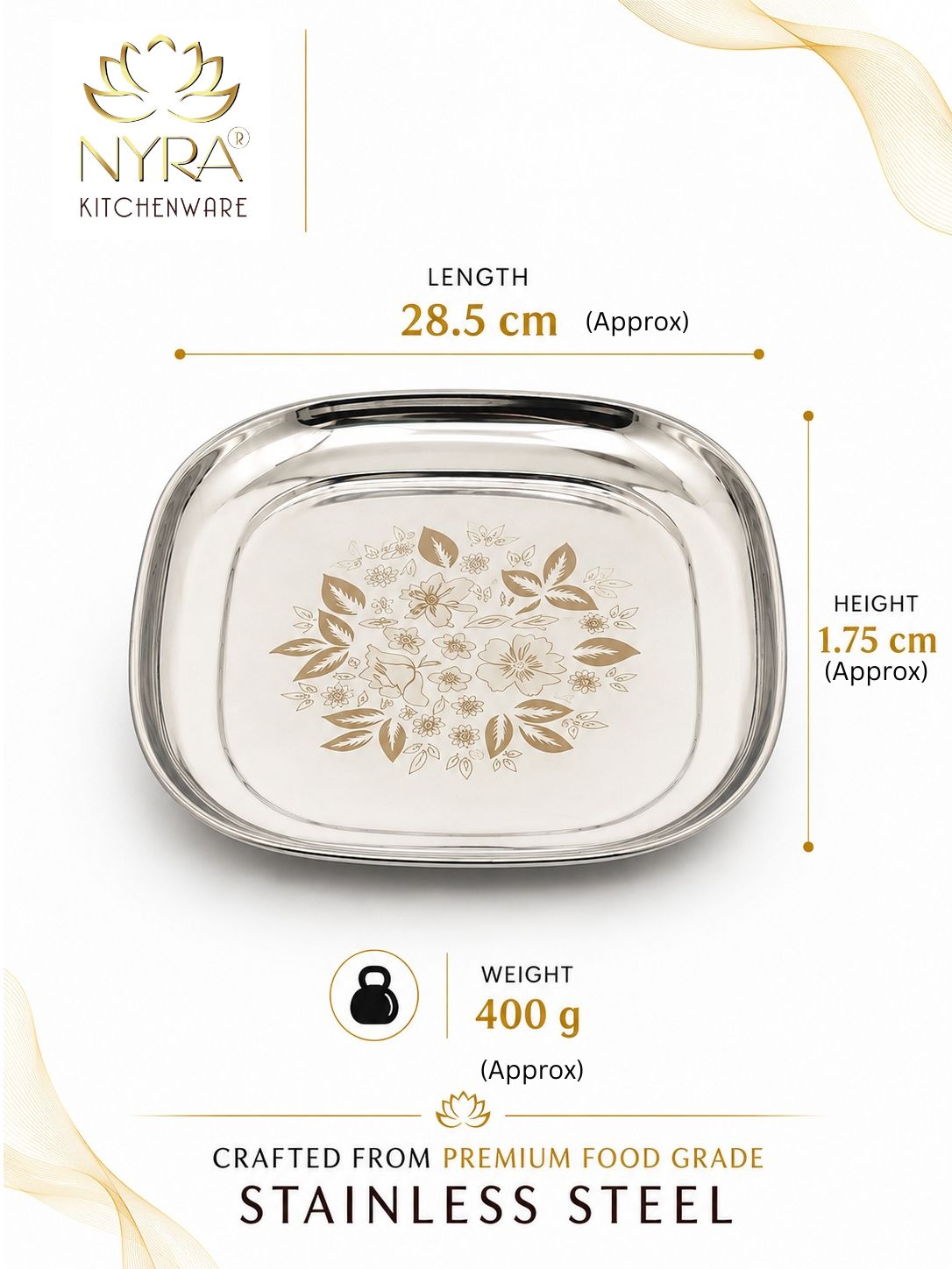 Stainless-Steel Full-Size Lunch/Dinner Plates with Glossy Outer Finish and Laser Print Set