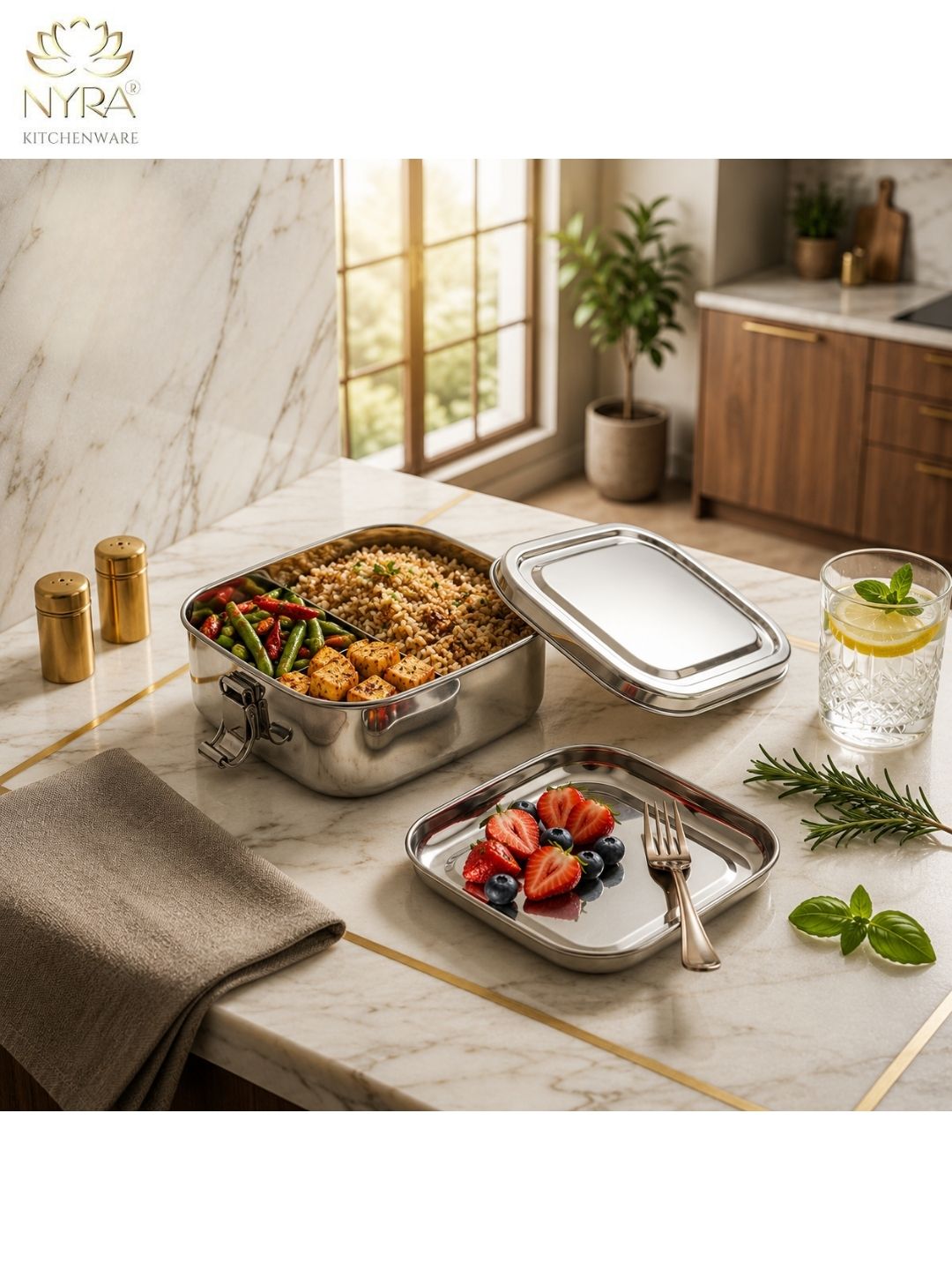 Stainless steel Double Decker tiffin box | Square Shaped with clip lid | Airtight Leakproof