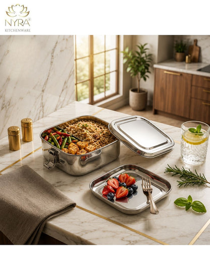 Stainless steel Double Decker tiffin box | Square Shaped with clip lid | Airtight Leakproof