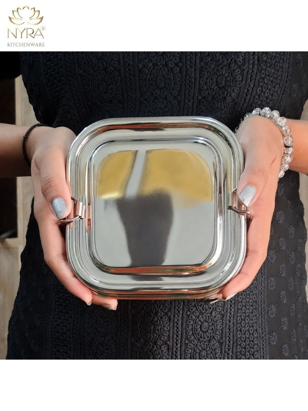 Stainless steel Double Decker tiffin box | Square Shaped with clip lid | Airtight Leakproof