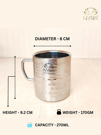 Silver mug with Nyra Kitchenware branding, showing measurements and weight on a light background.