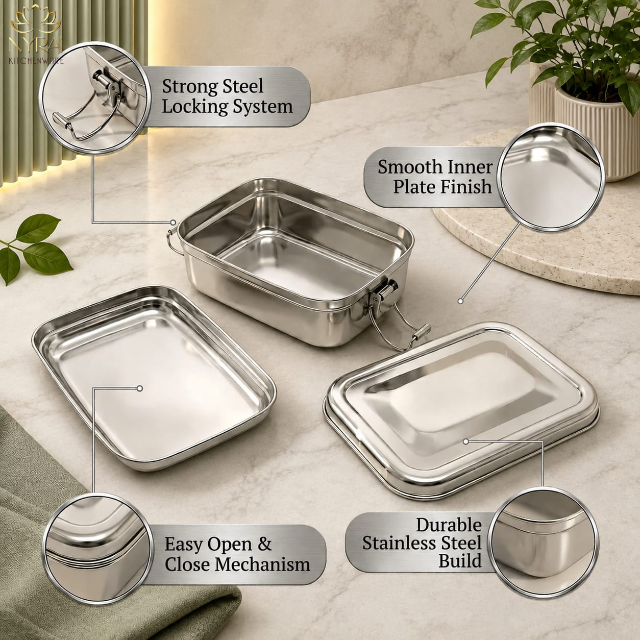 Stainless Steel Food Pack Lunch Box with Locking Clip