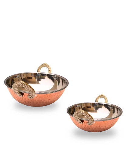Copper Serving Kadhai/Wok Insulated with Stainless Steel | Hammered Tableware for Homes, Restaurants & Hotels