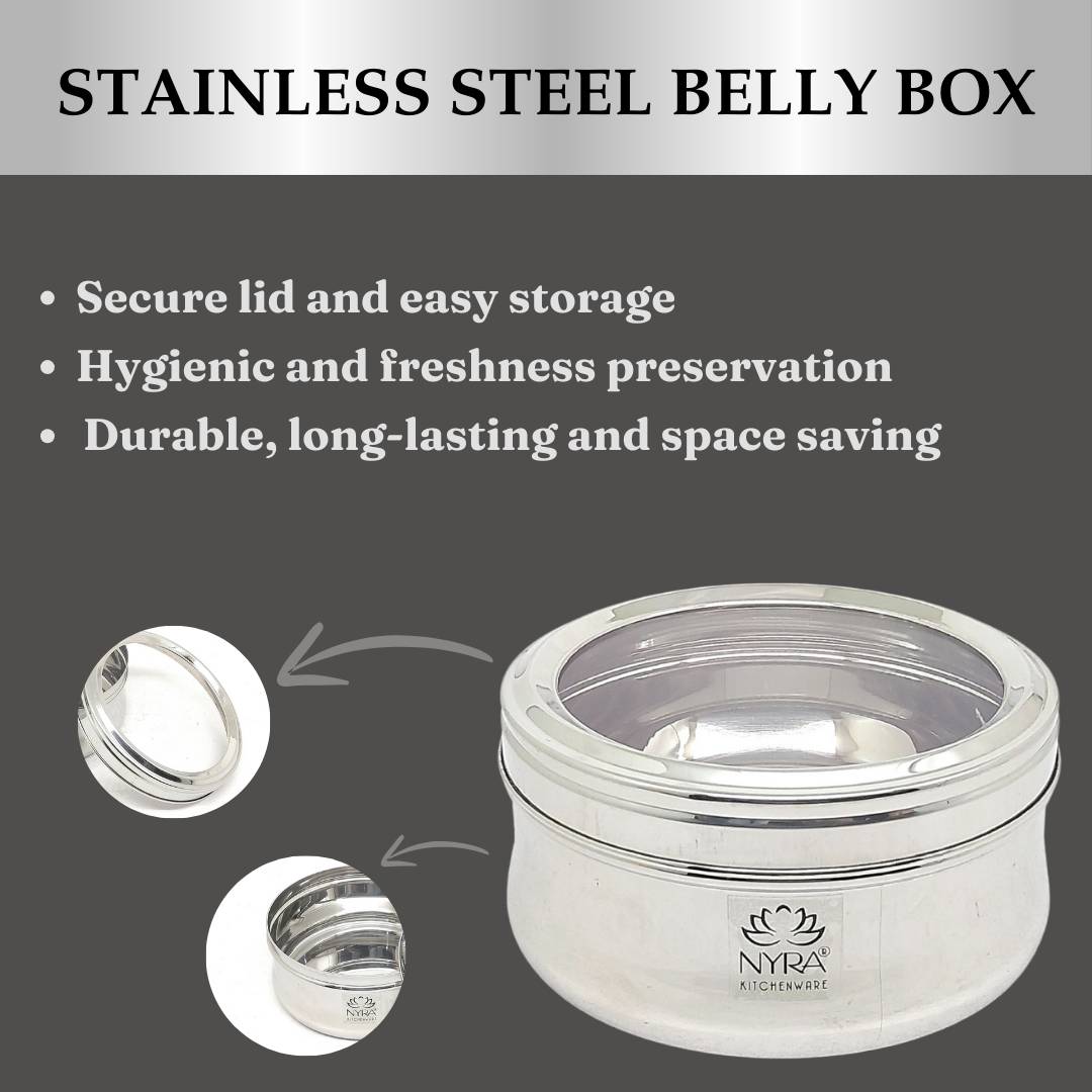 Stainless Steel Belly-shaped Box/Container with See-through Lid | Multipurpose Food Storage Container