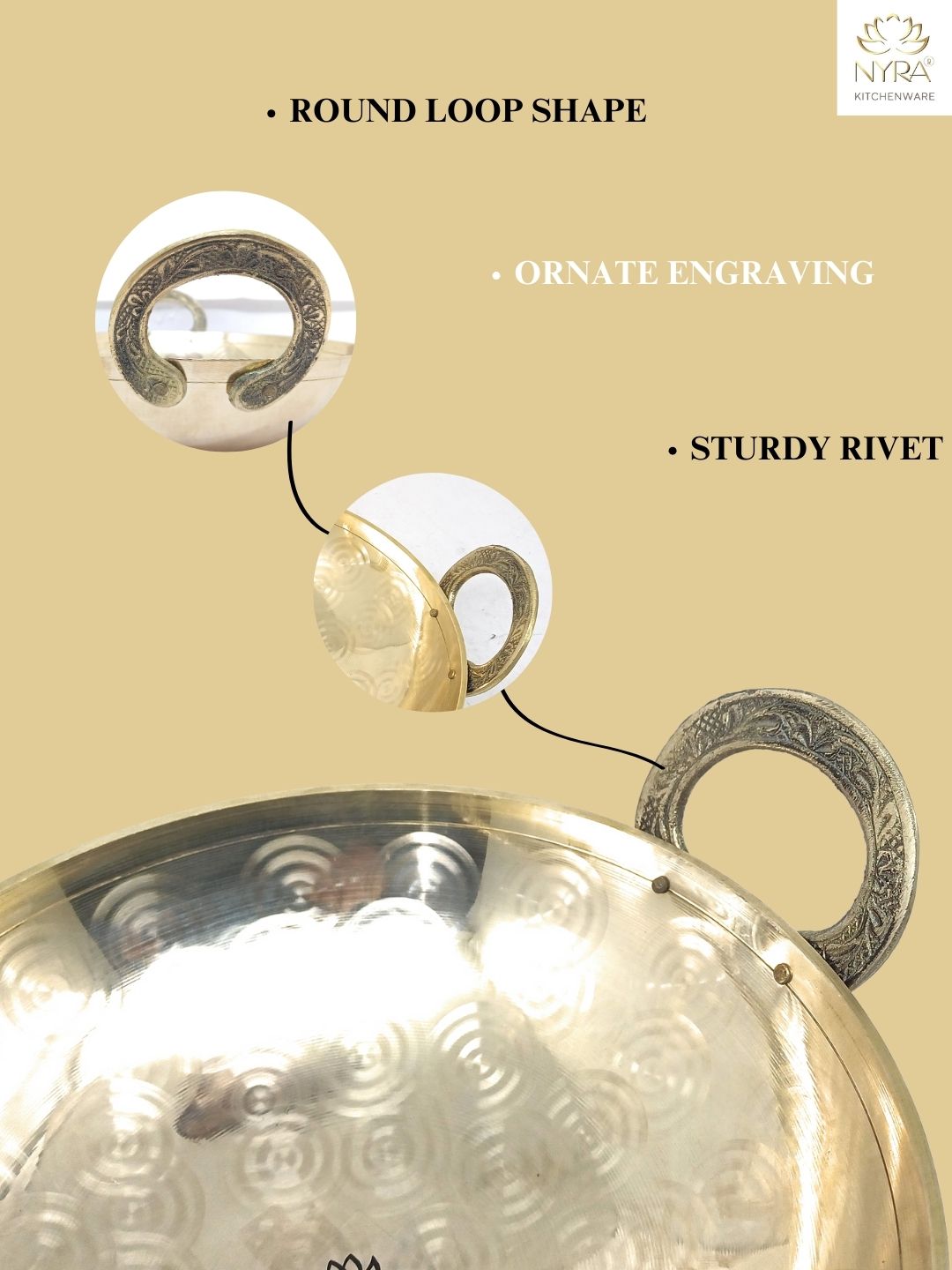 Premium Brass/Peetal Glossy-finish Kadhai with Designer Handles | Traditional Indian Cooking Wok for Healthy Cooking - 3 Sizes