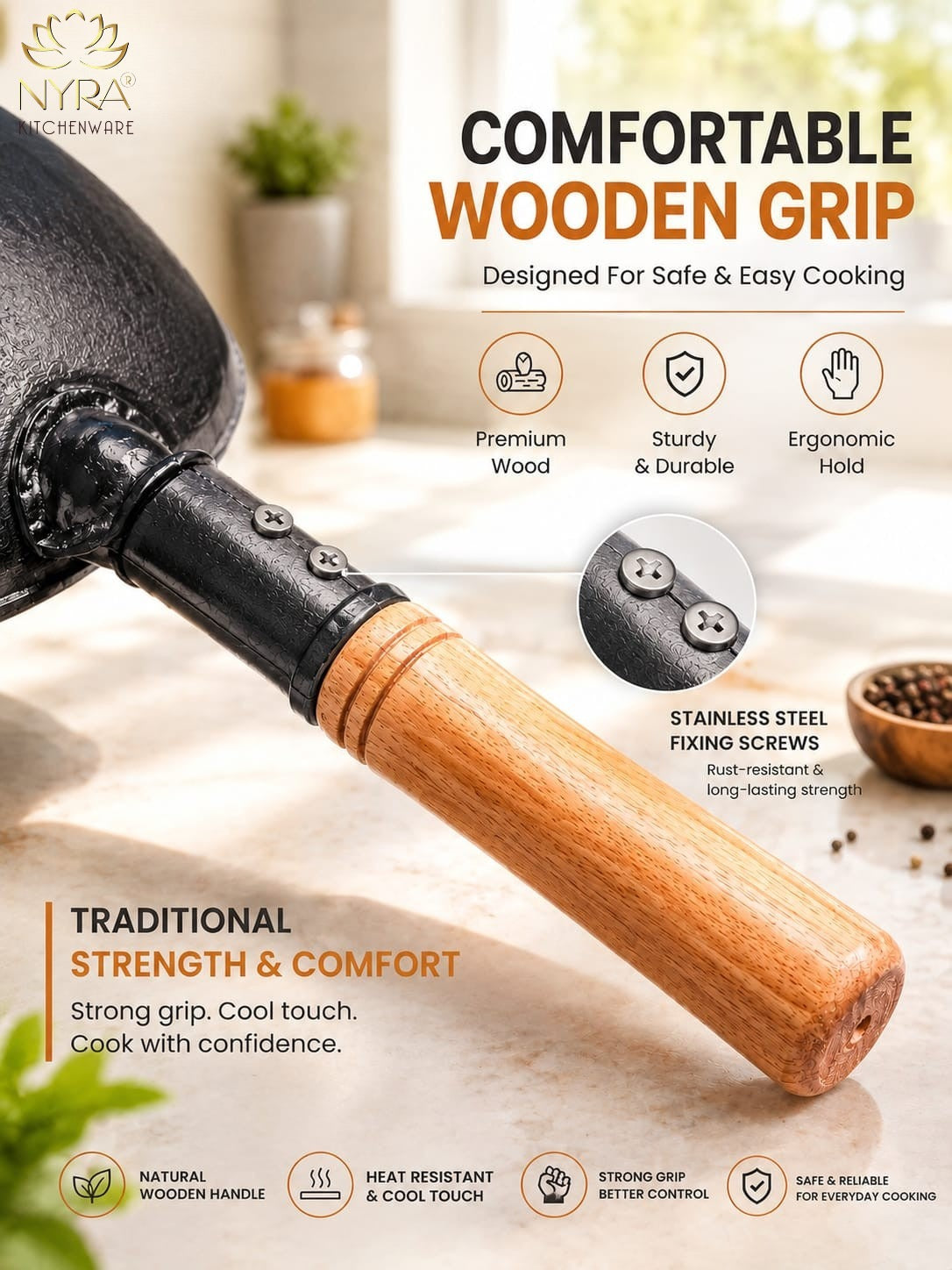 Traditional Loha Kadhai (Iron Wok) with Wooden Handle | Pre-Seasoned for Chinese Cooking