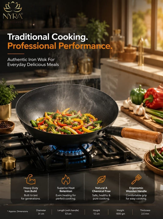 Traditional Loha Kadhai (Iron Wok) with Wooden Handle | Pre-Seasoned for Chinese Cooking