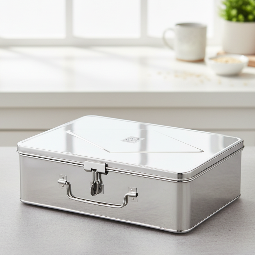 Silver cash storage box on a light surface with a blurred background
