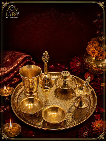 Brass Pooja Thali Set with Diya, Bell, Kalash, Incense Holder, and Bowls - Making it Ideal for Daily Worship and Special Ceremonies