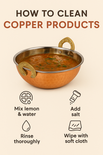 Copper Serving Kadhai/Wok Insulated with Stainless Steel | Hammered Tableware for Homes, Restaurants & Hotels