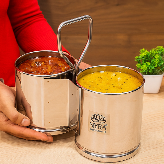 Stainless Steel Chaumukha/Chougadha Vegetable Holder with Handle | Premium 2, 3 & 4 Container Stand