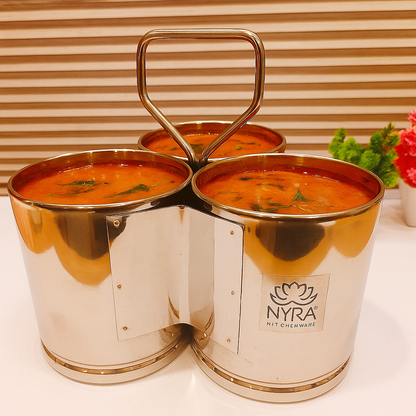 Stainless Steel Chaumukha/Chougadha Vegetable Holder with Handle | Premium 2, 3 & 4 Container Stand