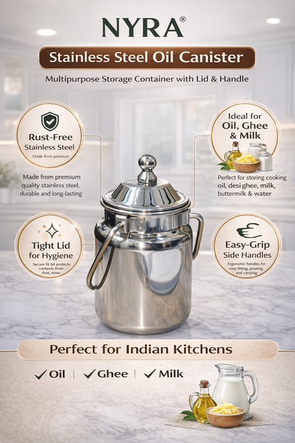 Stainless Steel Mini Oil Canister with Lid & Handle | Multipurpose Kitchen Storage Container/Barni