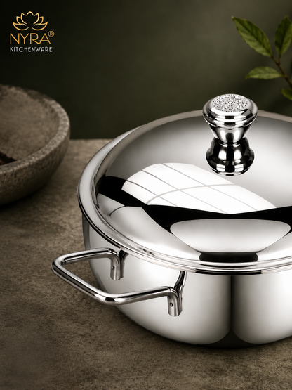 Stainless Steel Heavy Gauge Serving Vegetable Handi with Lid | Food Grade Mirror Finish - Kitchen Serving Bowl | Available in 650 ml, 1 L & 1.5 L