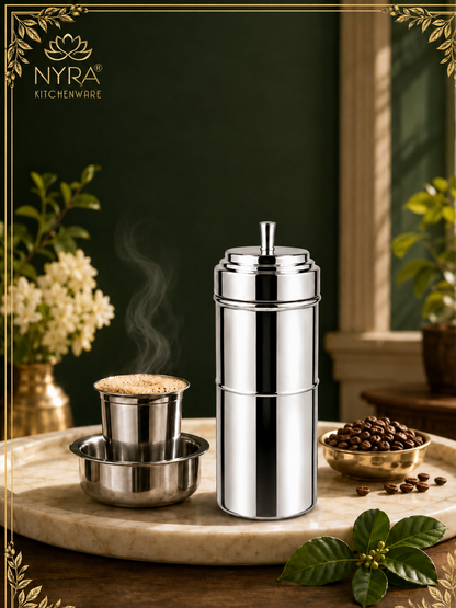 Stainless Steel Coffee Filter | Traditional 4-Part Coffee Decoction Maker with Pressing Disc and Lid