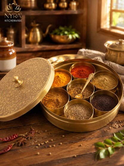 Premium Brass Spice Box with 7 Compartments & Spoon | Authentic Indian Masala Dabba - Handcrafted Embossed Lid Masaldani | Eco-Friendly Peetal Storage for Kitchen