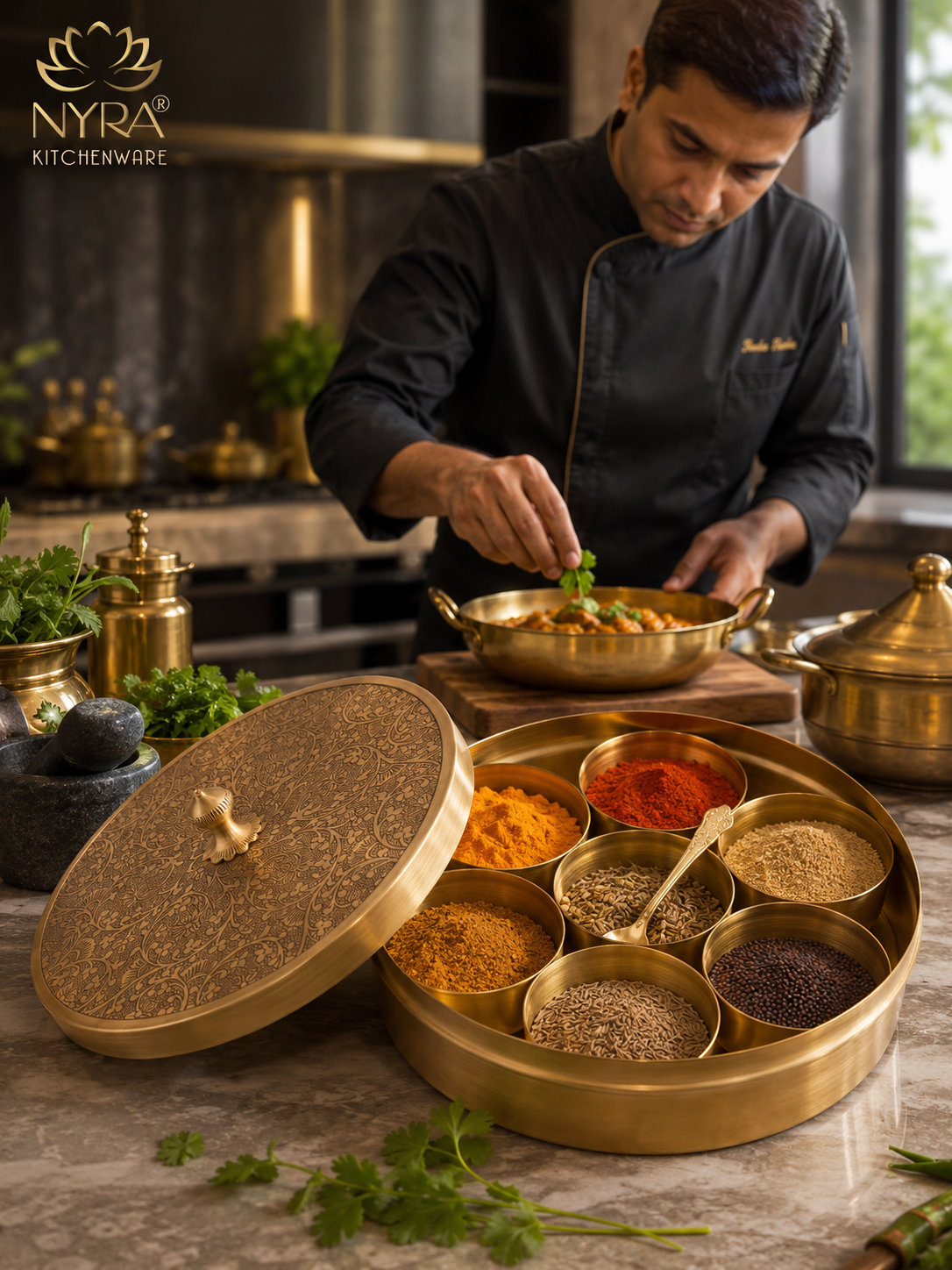 Premium Brass Spice Box with 7 Compartments & Spoon | Authentic Indian Masala Dabba - Handcrafted Embossed Lid Masaldani | Eco-Friendly Peetal Storage for Kitchen
