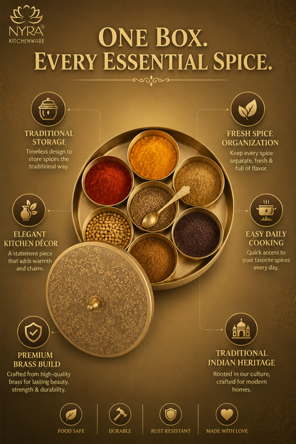 Premium Brass Spice Box with 7 Compartments & Spoon | Authentic Indian Masala Dabba - Handcrafted Embossed Lid Masaldani | Eco-Friendly Peetal Storage for Kitchen