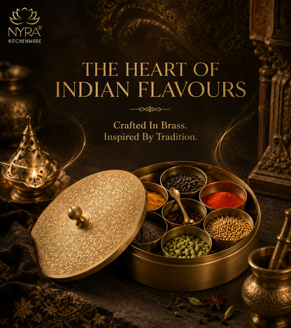 Premium Brass Spice Box with 7 Compartments & Spoon | Authentic Indian Masala Dabba - Handcrafted Embossed Lid Masaldani | Eco-Friendly Peetal Storage for Kitchen