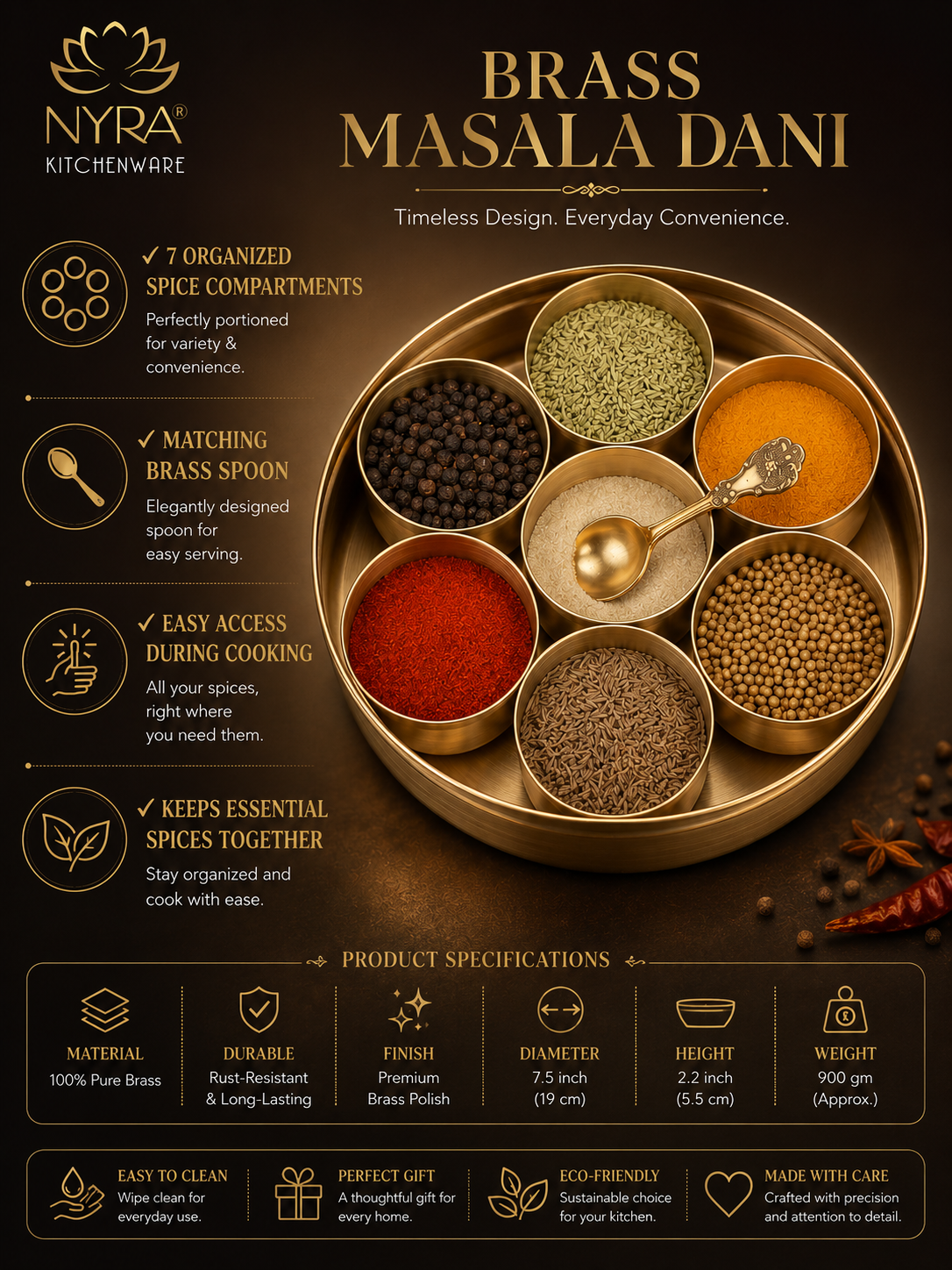 Premium Brass Spice Box with 7 Compartments & Spoon | Authentic Indian Masala Dabba - Handcrafted Embossed Lid Masaldani | Eco-Friendly Peetal Storage for Kitchen