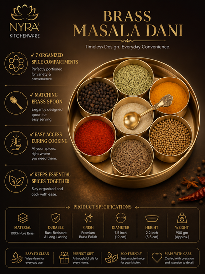 Premium Brass Spice Box with 7 Compartments & Spoon | Authentic Indian Masala Dabba - Handcrafted Embossed Lid Masaldani | Eco-Friendly Peetal Storage for Kitchen