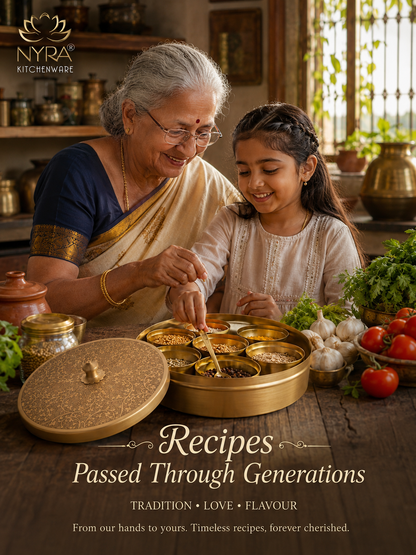 Premium Brass Spice Box with 7 Compartments & Spoon | Authentic Indian Masala Dabba - Handcrafted Embossed Lid Masaldani | Eco-Friendly Peetal Storage for Kitchen