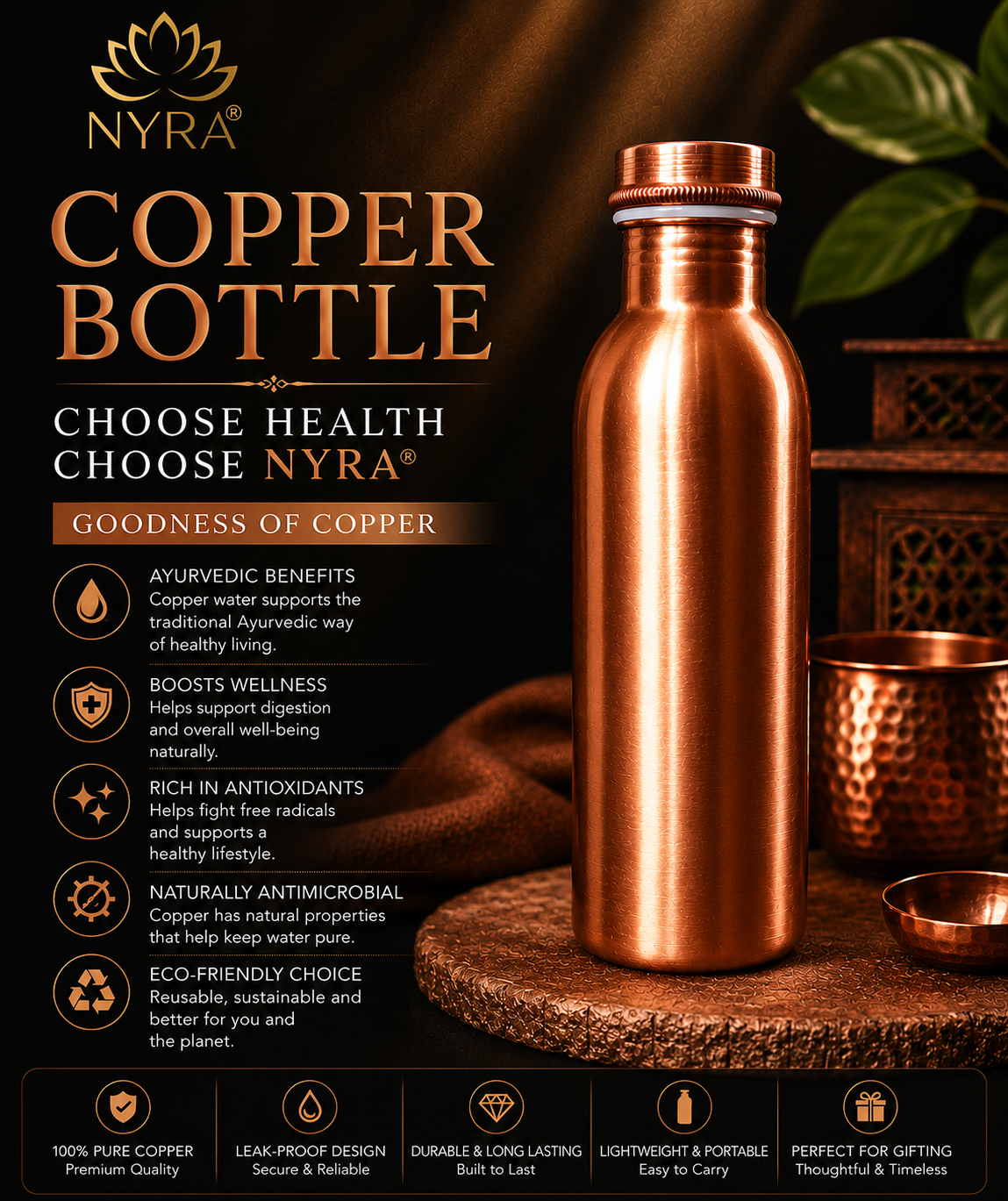 Pure Copper Water Bottle |  Copper Bottle with Polished finish | Traditional Bottle with sleek & modern design