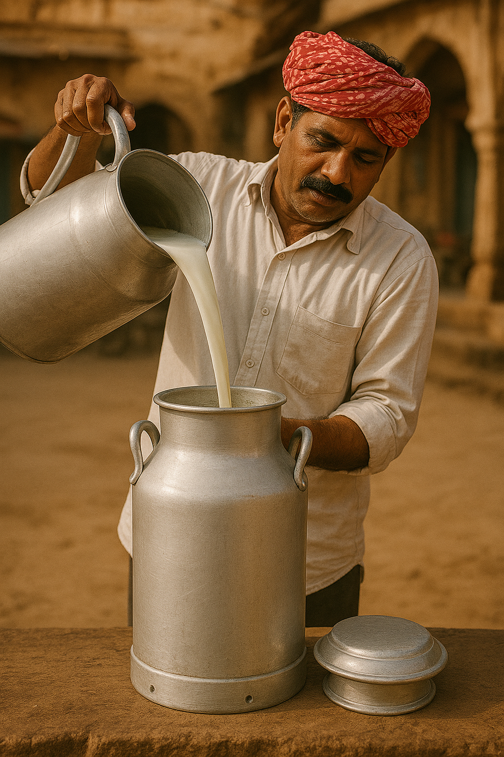 a milk farmer filling an aluminium container