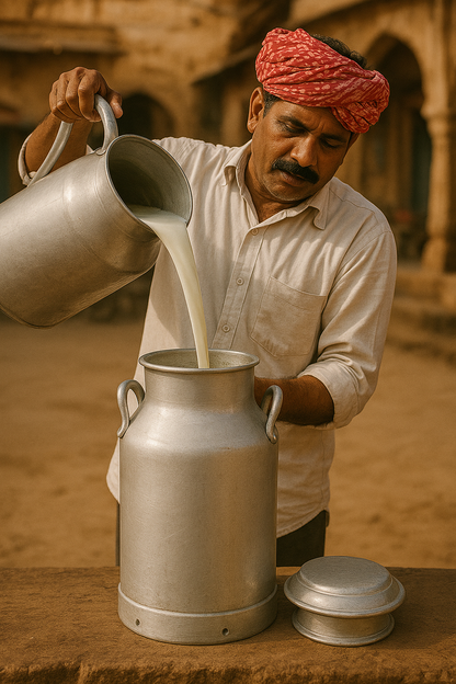 a milk farmer filling an aluminium container