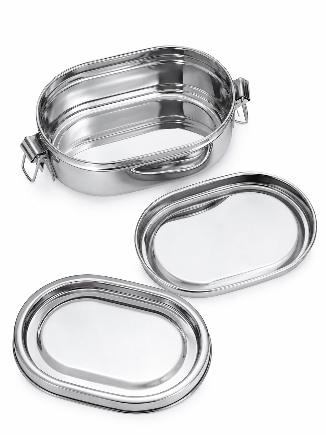 Stainless Steel Capsule Lunch Box with Plate & Double Decker Separator | Glossy Finish Steel Tiffin Box - Durable Food Storage Container