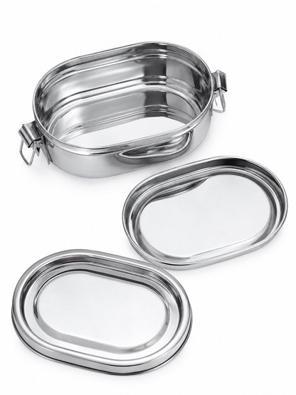 Stainless Steel Capsule Lunch Box with Plate & Double Decker Separator | Glossy Finish Steel Tiffin Box - Durable Food Storage Container