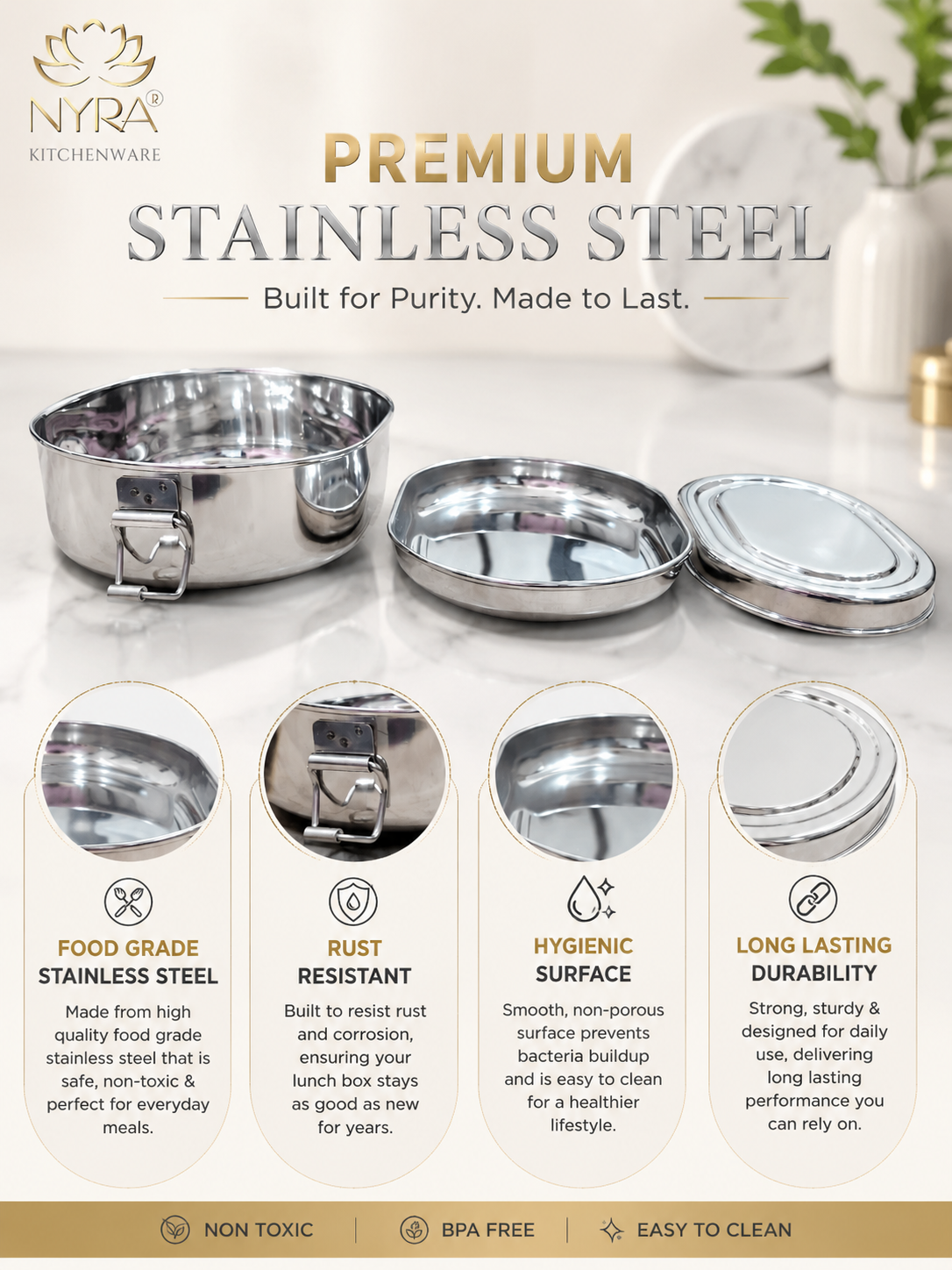 Stainless Steel Capsule Lunch Box with Plate & Double Decker Separator | Glossy Finish Steel Tiffin Box - Durable Food Storage Container