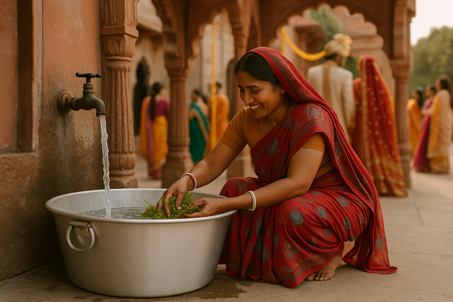A woman fill Aluminium tub with tap water