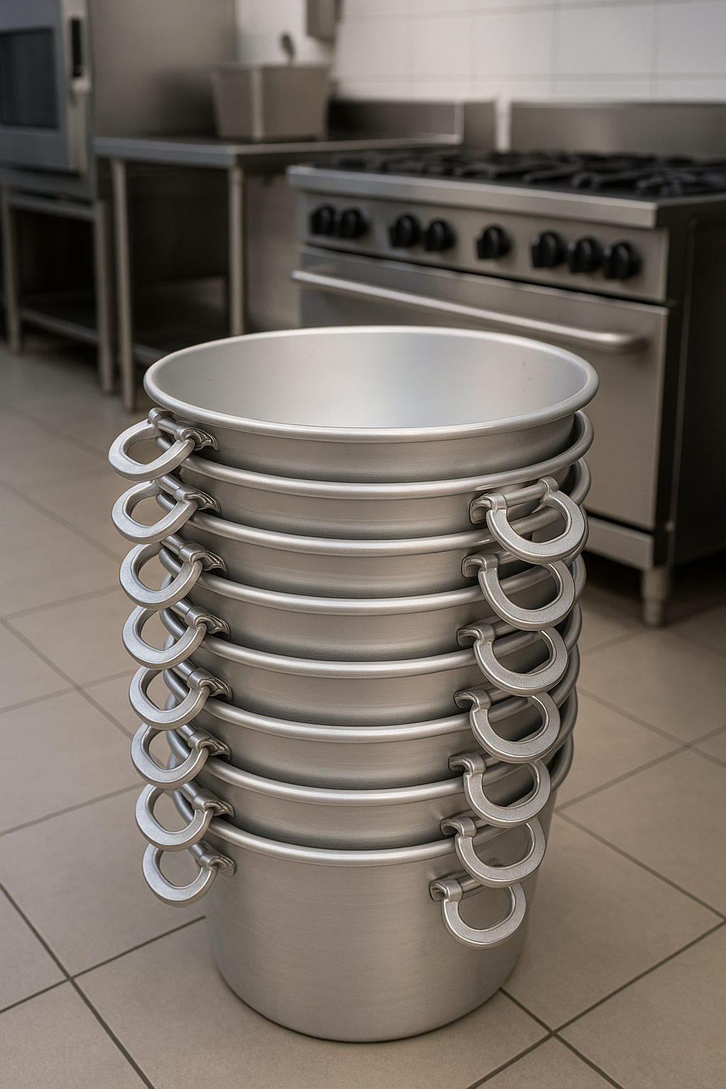 7 Aluminium tubs in large kitchen